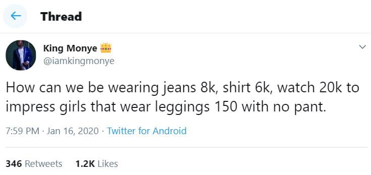 Thread king monye iamkingmonye how can we be wearing jeans 8k, shirt 6k, watch 2