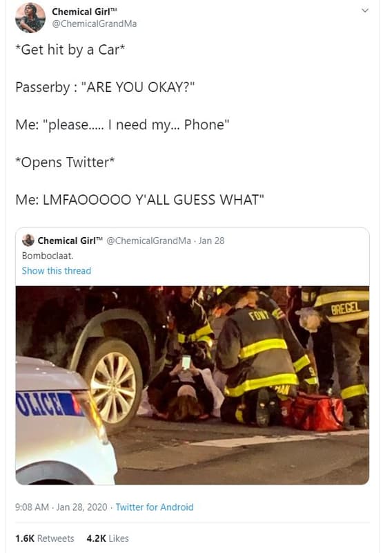 Chemical girl chemicalgrandma get hit by a car passerby are you okay? me please.