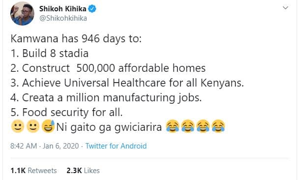 Shikoh kihika shikohkihika kamwana has 946 days to 1. build 8 stadia 2. construc