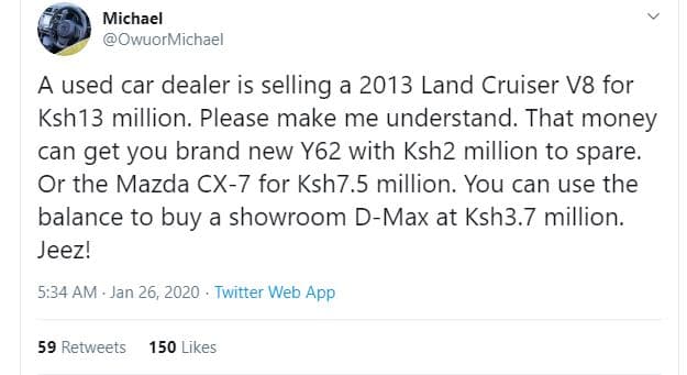 Michael owuormichael a used car dealer is selling a land cruiser v8 for ksh13 mi