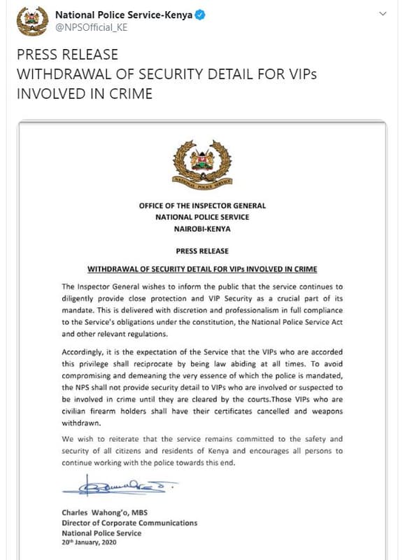 National police servicekenya npsofficial_ke press release withdrawal of security