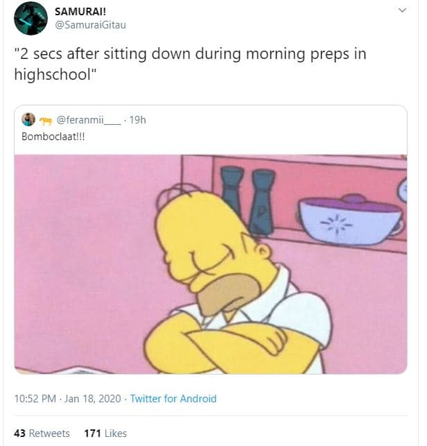 Samurai! samuraigitau 2 secs after sitting down during morning preps in highscho