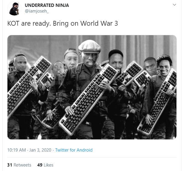 Underrated ninja iamjoseh _ kot are ready. bring on world war 3 10.19 am jan 3,