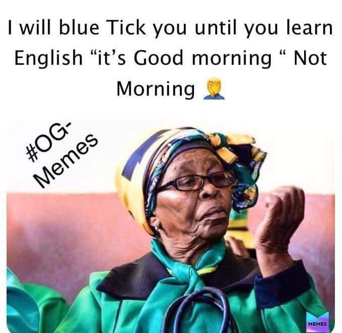 Will blue tick you until you learn english it's good morning not morning og meme