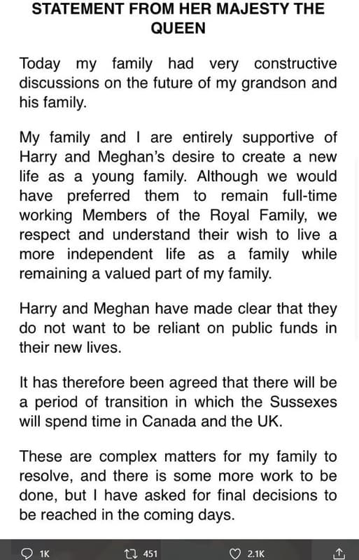 Statement from her majesty the queen today my family had very constructive discu
