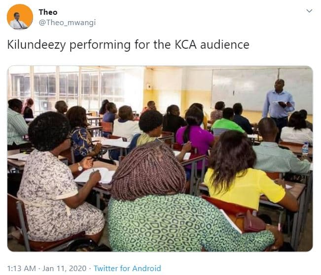 Theo theo_mwangi kilundeezy performing for the kca audience 1.13 am jan 11, twit