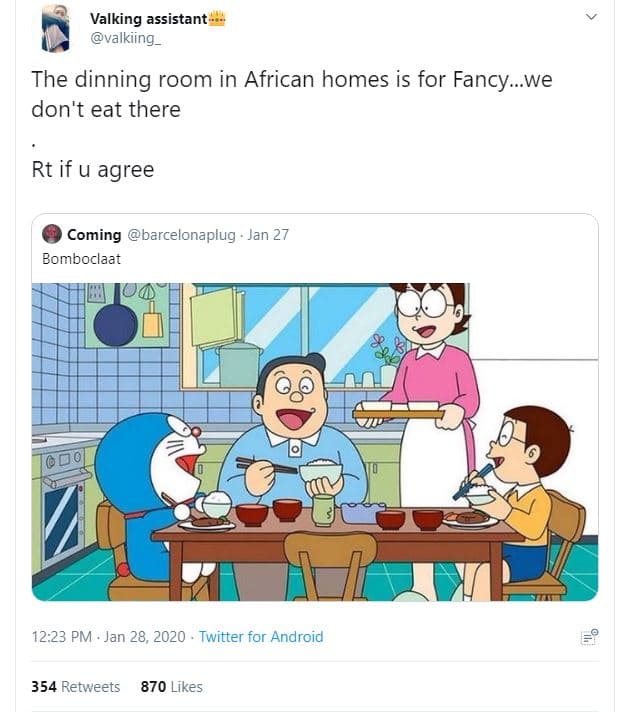 Valking assistant valkiing _ the dinning room in african homes is for fancywe do