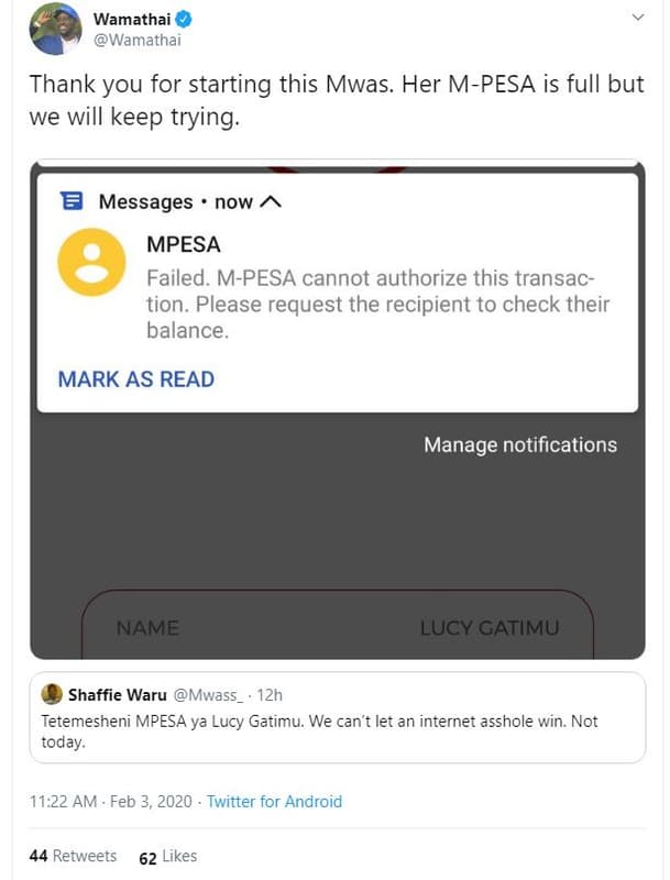 Wamathai wamathai thank you for starting this mwas. her mpesa is full but we wil