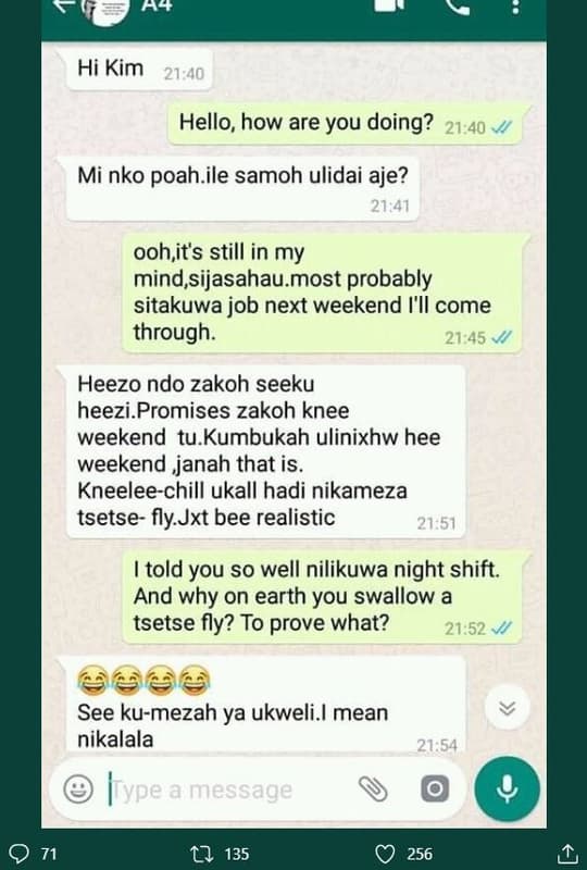 A4 hi kim 2140 hello, how are you doing? 21.40 mi nko poah ile samoh ulidai aje?