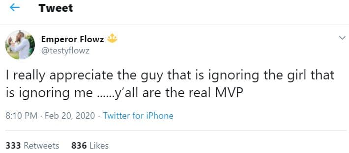 Tweet emperor flowz testyflowz really appreciate the guy that is ignoring the gi