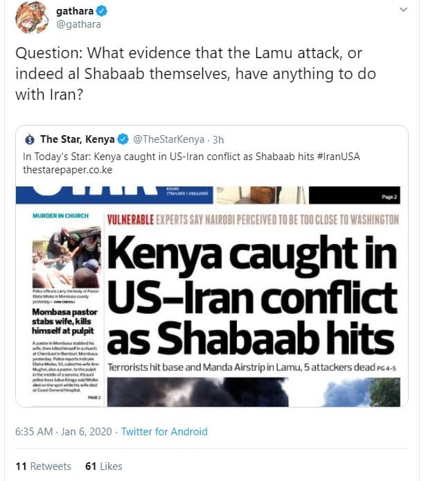 Gathara gathara question what evidence that the lamu attack, or indeed al shabaa
