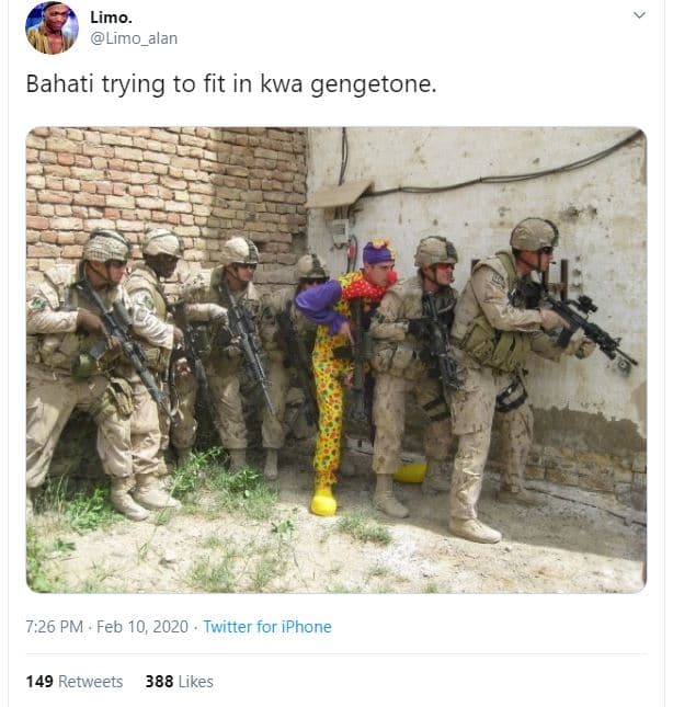 Limo limo_alan bahati trying to fit in kwa gengetone. 7.26 pm feb 10, twitter fo