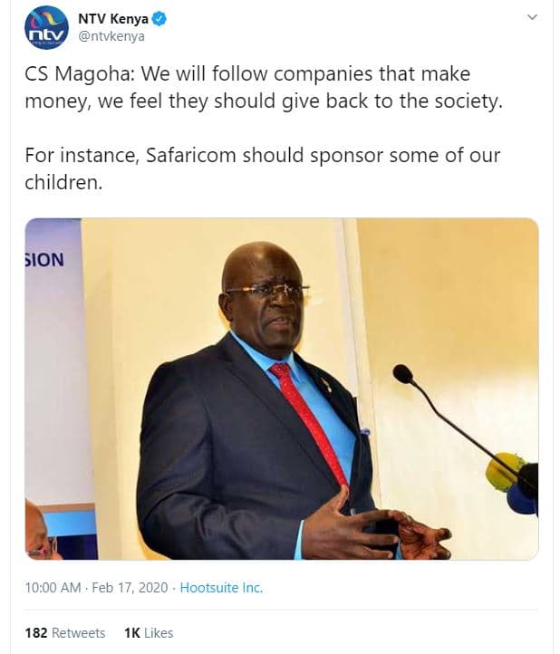 Ntv kenya ntv ntvkenya cs magoha we will follow companies that make money, we fe