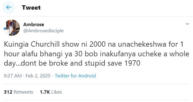 Tweet ambrose ambrosedisciple kuingia churchill show ni na unachekeshwa for hour