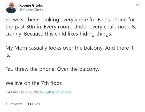 Koome gitobu koomegitobu so we've been looking everywhere for bae's phone for th