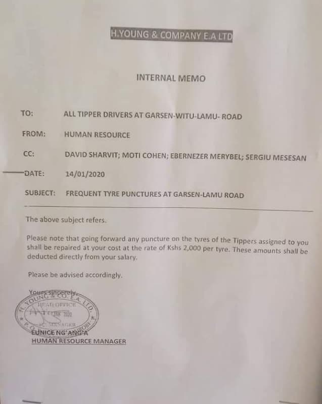 Hyoung companyealtd internal memo to all tipper drivers at garsenwitulamu road f