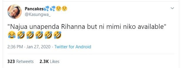 Pancakes kasungwa najua unapenda rihanna but ni mimi niko available 2.36 pm jan