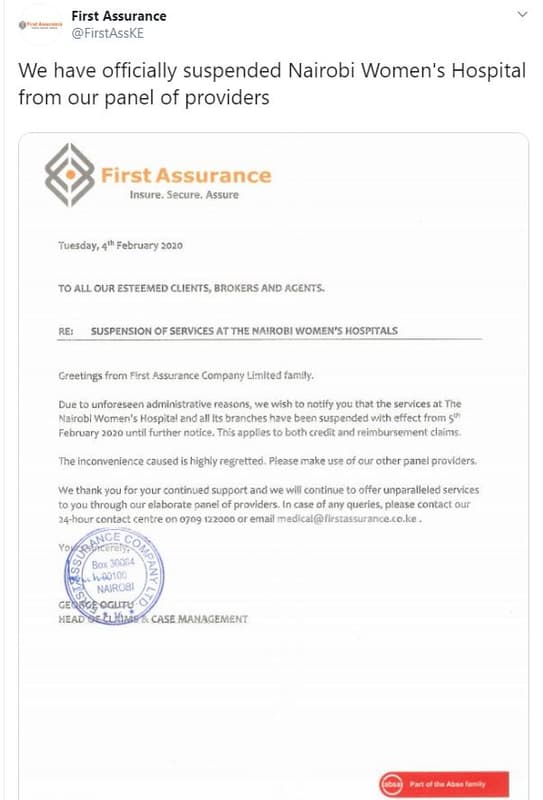 First assurance firstasske we have officially suspended nairobi women's hospital