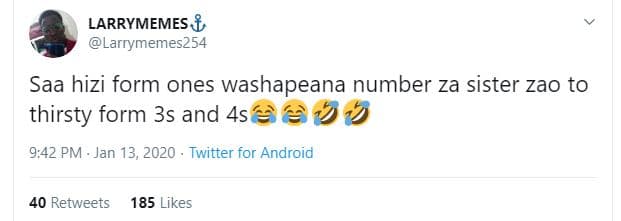 Larrymemes larrymemes254 saa hizi form ones washapeana number za sister zao to t