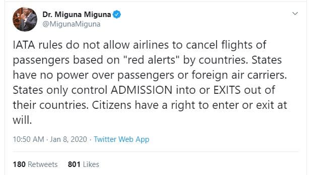Dr. miguna miguna migunamiguna iata rules do not allow airlines to cancel flight