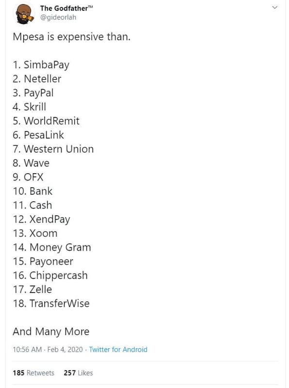 The godfather gideorlah mpesa is expensive than 1 . simbapay 2. neteller 3. payp