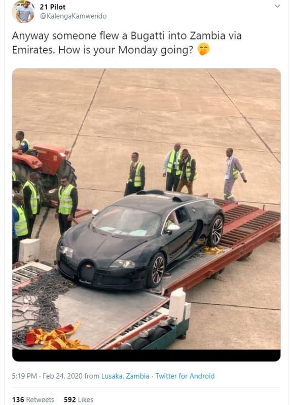 21 pilot kalengakamwendo anyway someone flew a bugatti into zambia via emirates.