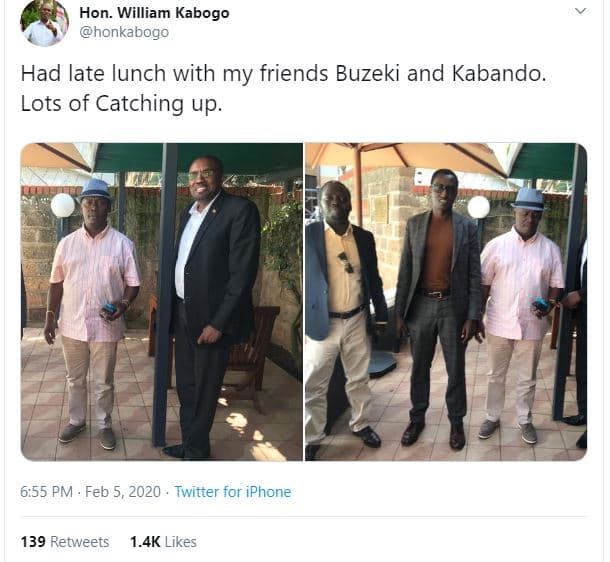 Hon. william kabogo honkabogo had late lunch with my friends buzeki and kabando.