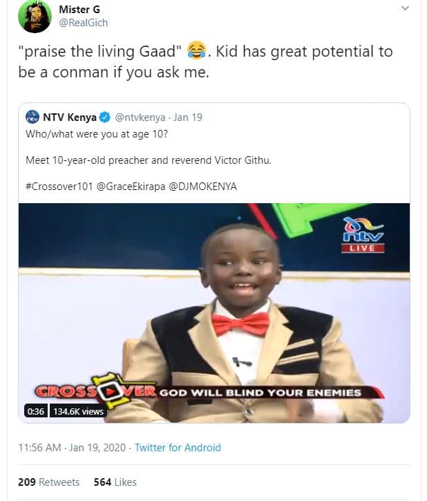 Mister g realgich praise the living gaad kid has great potential to be a conman