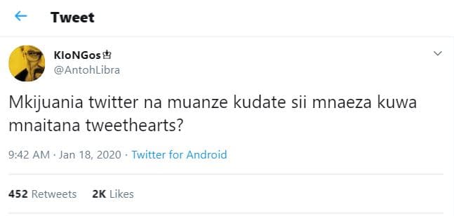 Tweet klongos8 antohlibra mkijuania twitter na muanze kudate sii mnaeza kuwa mna