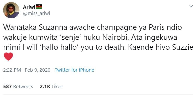 Ariwi miss ariwi wanataka suzanna awache champagne ya paris ndio wakuje kumwita