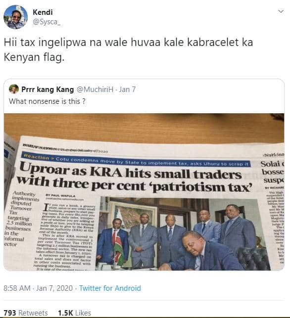 Kendi sysca hii tax ingelipwa na wale huvaa kale kabracelet ka kenyan flag prrr