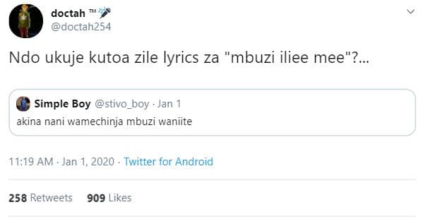 Doctah doctah254 ndo ukuje kutoa zile lyrics za mbuzi iliee mee? . simple boy st
