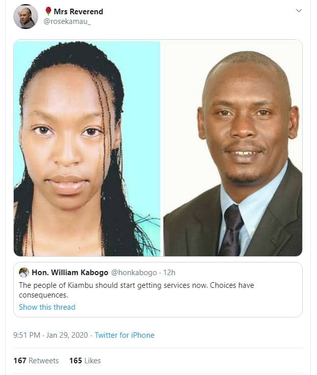 Mrs reverend rosekamau hon. william kabogo honkabogo 12h the people of kiambu sh