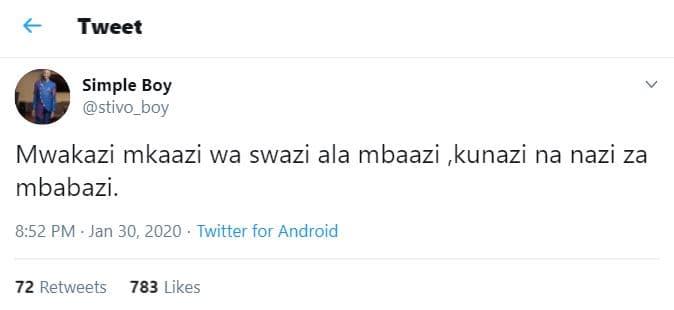 Tweet simple boy stivo boy mwakazi mkaazi wa swazi ala mbaazi ,kunazi na nazi za