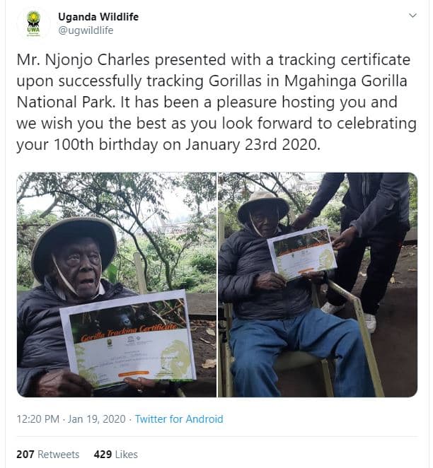 Uganda wildlife ugwildlite mr. njonjo charles presented with a tracking certific
