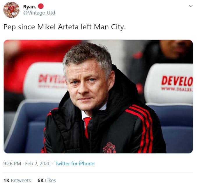 Ryan. vintage_utd pep since mikel arteta left man city. develo 9.26 pm feb 2, tw