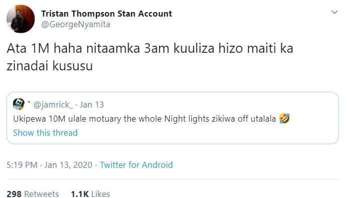 Tristan thompson stan account georgenyamita ata im haha nitaamka 3am kuuliza hiz