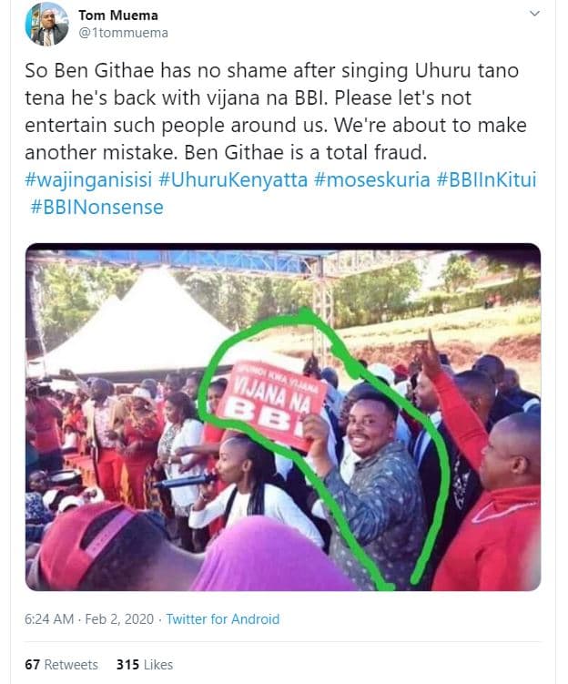 Tom muema itommuema so ben githae has no shame after singing uhuru tano tena he'