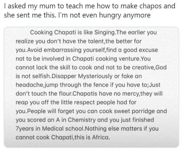 Asked my mum to teach me how to make chapos and she sent me this. i'm not even h