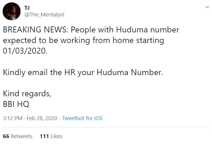 Tj the_mentalyst breaking news people with huduma number expected to be working