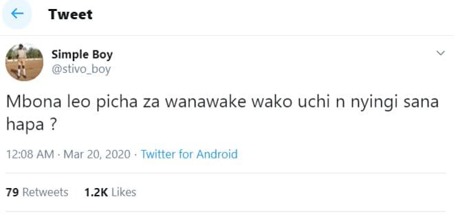 Tweet simple boy stivo_boy mbona leo picha za wanawake wako uchi n nyingi sana h