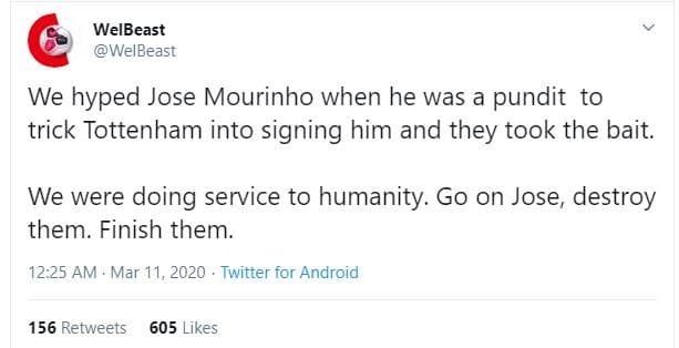 Welbeast welbeast we hyped jose mourinho when he was a pundit to trick tottenham