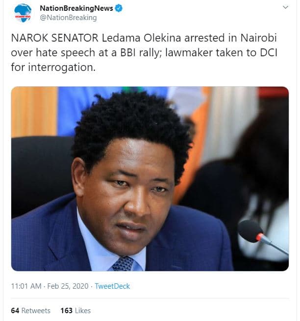 Nationbreakingnews nationbreaking narok senator ledama olekina arrested in nairo