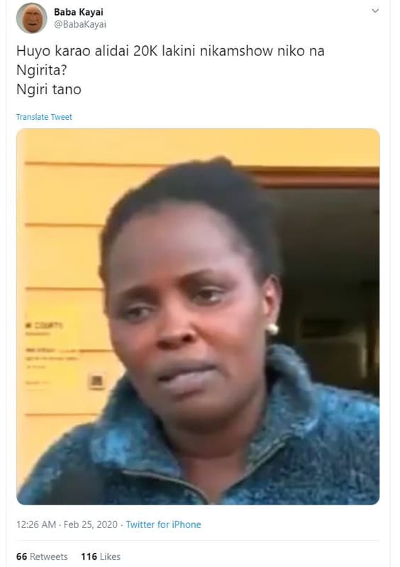 Baba kayai babakayai huyo karao alidai 2ok lakini nikamshow niko na ngirita? ngi