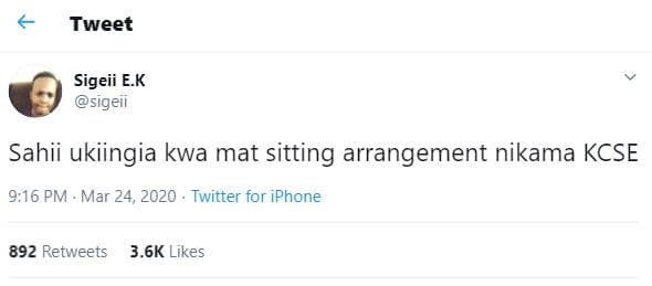 Tweet sigeii ek sigeii sahii ukiingia kwa mat sitting arrangement nikama kcse 9,