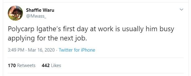 Shaffie waru mwass polycarp igathe's first day at work is usually him busy apply