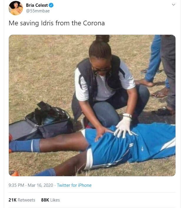 Bria celest 55mmbae me saving idris from the corona 9.35 pm mar 16, twitter for