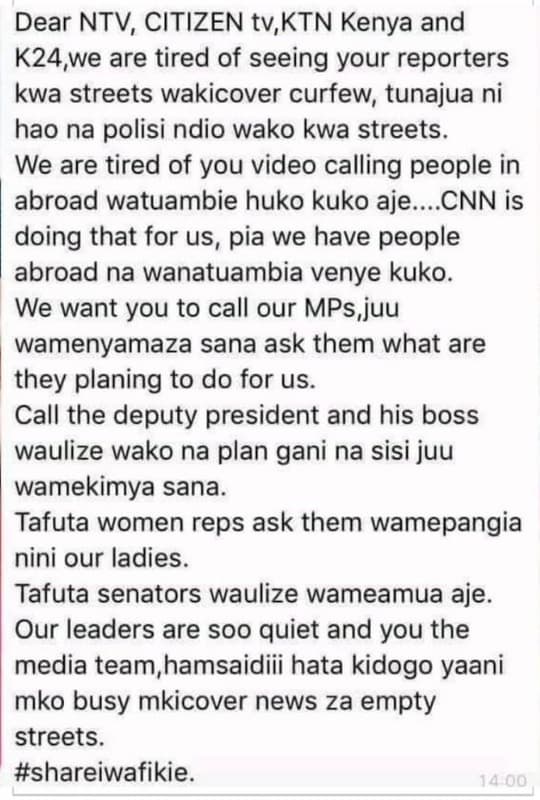 Dear ntv, citizen tv,ktn kenya and k24,we are tired of seeing your reporters kwa