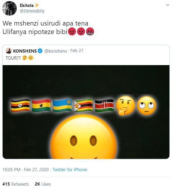 Ekitela ekitelabilly we mshenzi usirudi apa tena ulifanya nipoteze bibi konshens