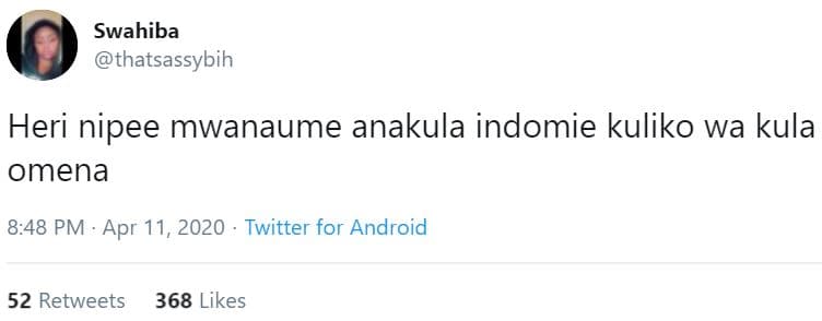 Swahiba thatsassybih heri nipee mwanaume anakula indomie kuliko wa kula omena 8.